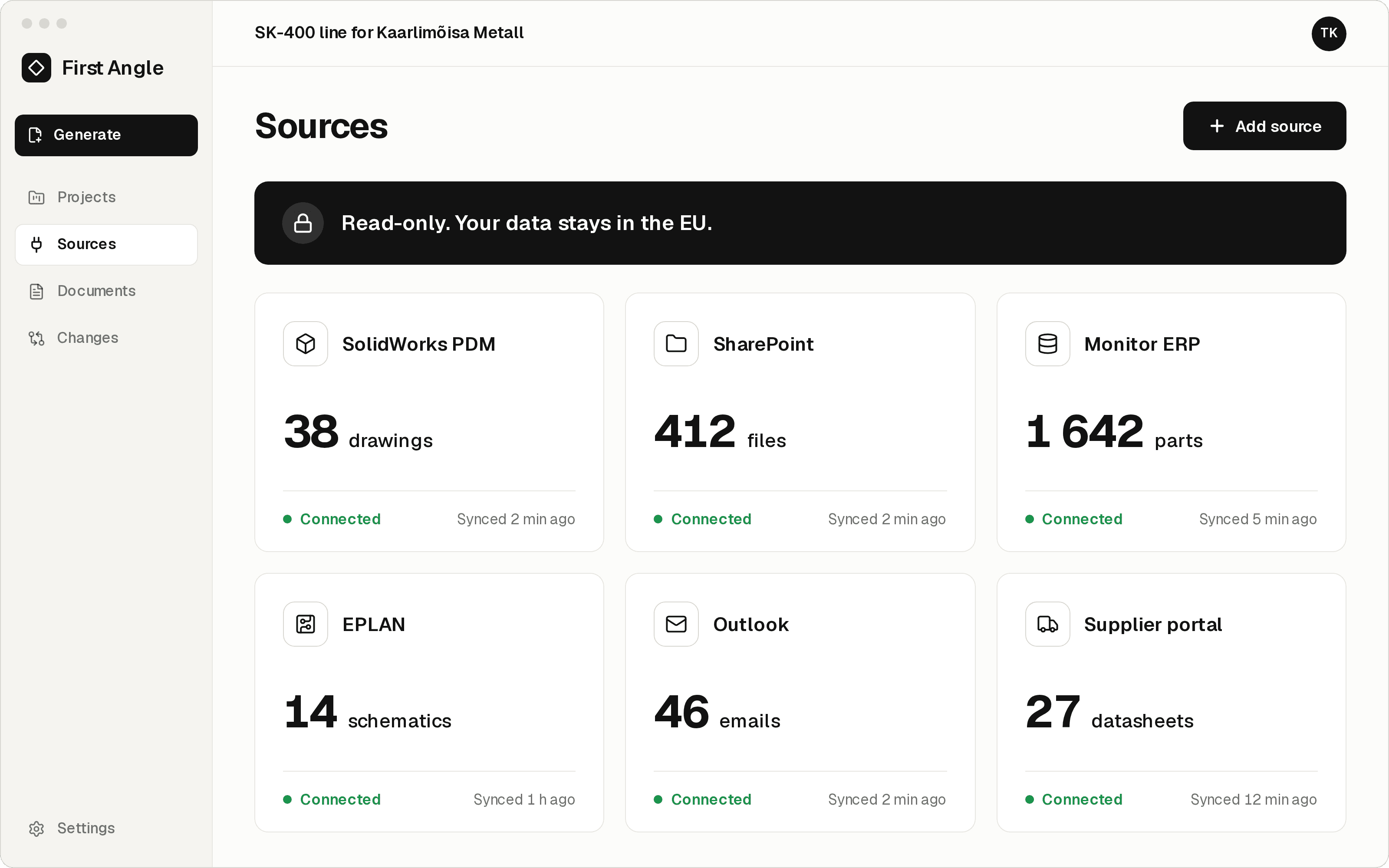 Connected sources: SolidWorks PDM with 38 drawings, SharePoint with 412 files, Monitor ERP with 1 642 parts, EPLAN with 14 schematics, Outlook with 46 emails and a supplier portal with 27 datasheets.